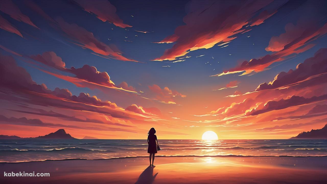 海辺で夕陽を見る女性の壁紙(1280px x 720px) 高画質 パソコン用