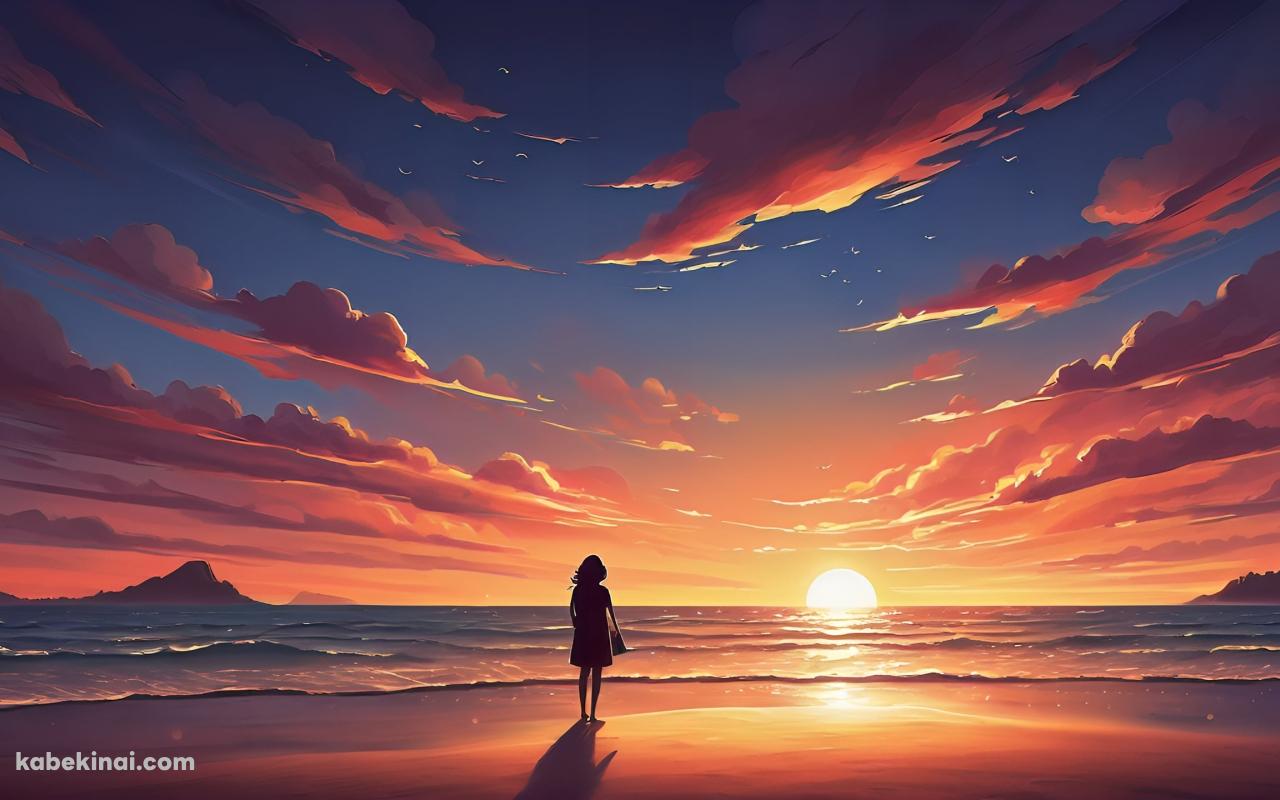 海辺で夕陽を見る女性の壁紙(1280px x 800px) 高画質 パソコン用