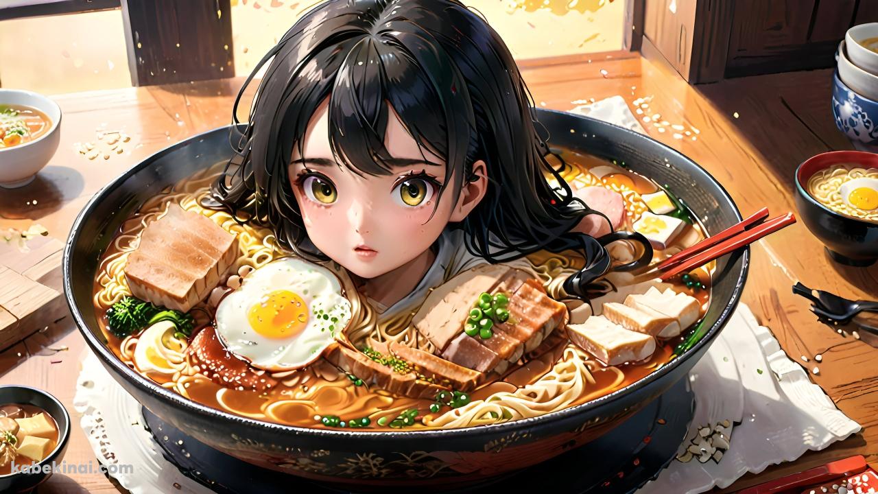 ラーメンの中に入った黒髪の少女の壁紙(1280px x 720px) 高画質 パソコン用