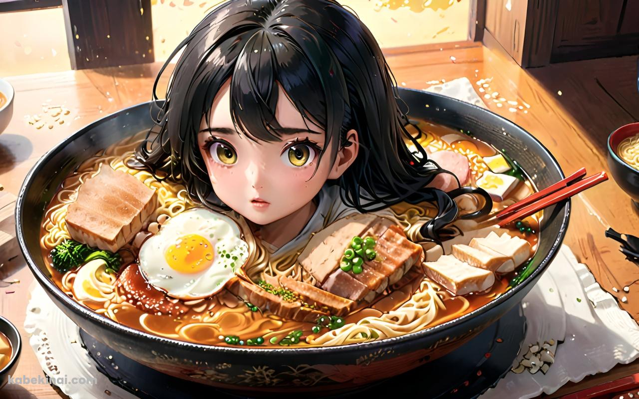 ラーメンの中に入った黒髪の少女の壁紙(1280px x 800px) 高画質 パソコン用