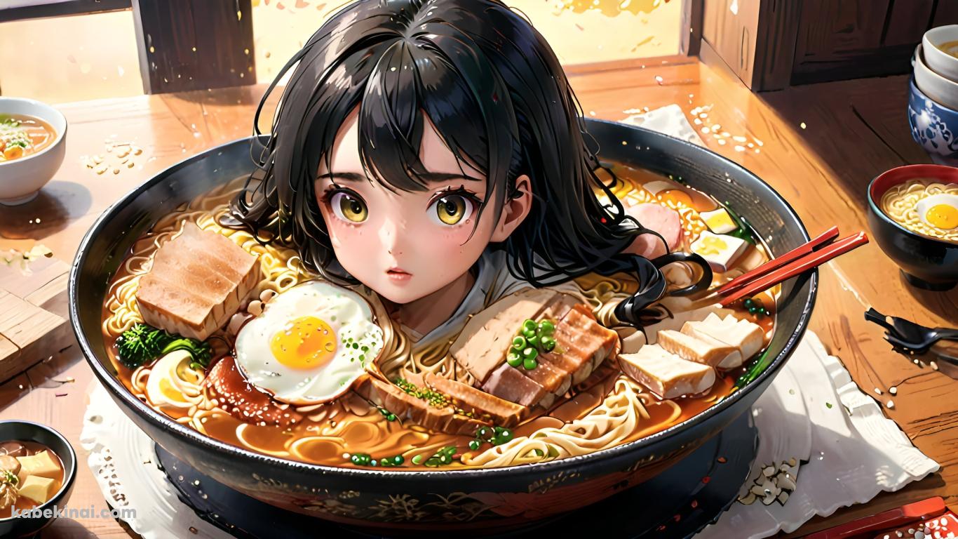 ラーメンの中に入った黒髪の少女の壁紙(1366px x 768px) 高画質 パソコン用