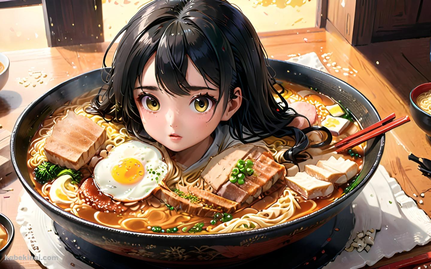 ラーメンの中に入った黒髪の少女の壁紙(1440px x 900px) 高画質 パソコン用