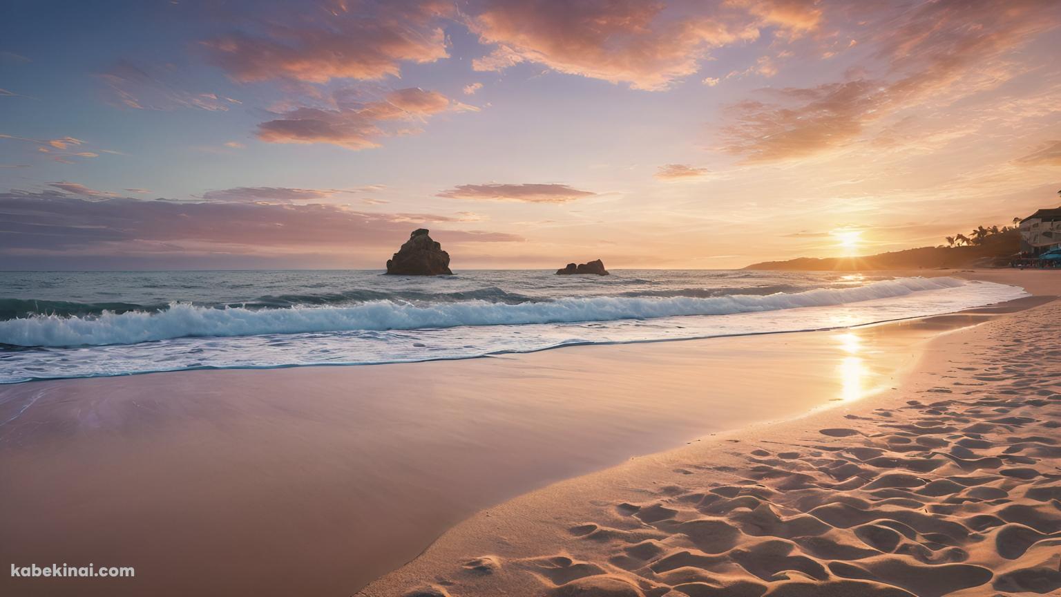 夕暮れの海 / 夕陽 / 押し寄せる波 / 砂浜の壁紙(1536px x 864px) 高画質 パソコン用