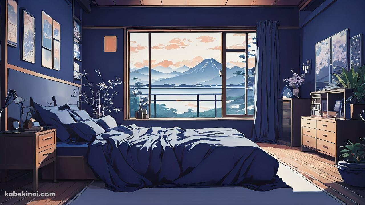 富士山が見える青が基調のオシャレな部屋 / イラストの壁紙(1280px x 720px) 高画質 パソコン用