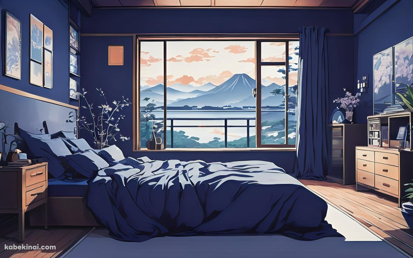 富士山が見える青が基調のオシャレな部屋 / イラストの壁紙(1440px x 900px) 高画質 パソコン用