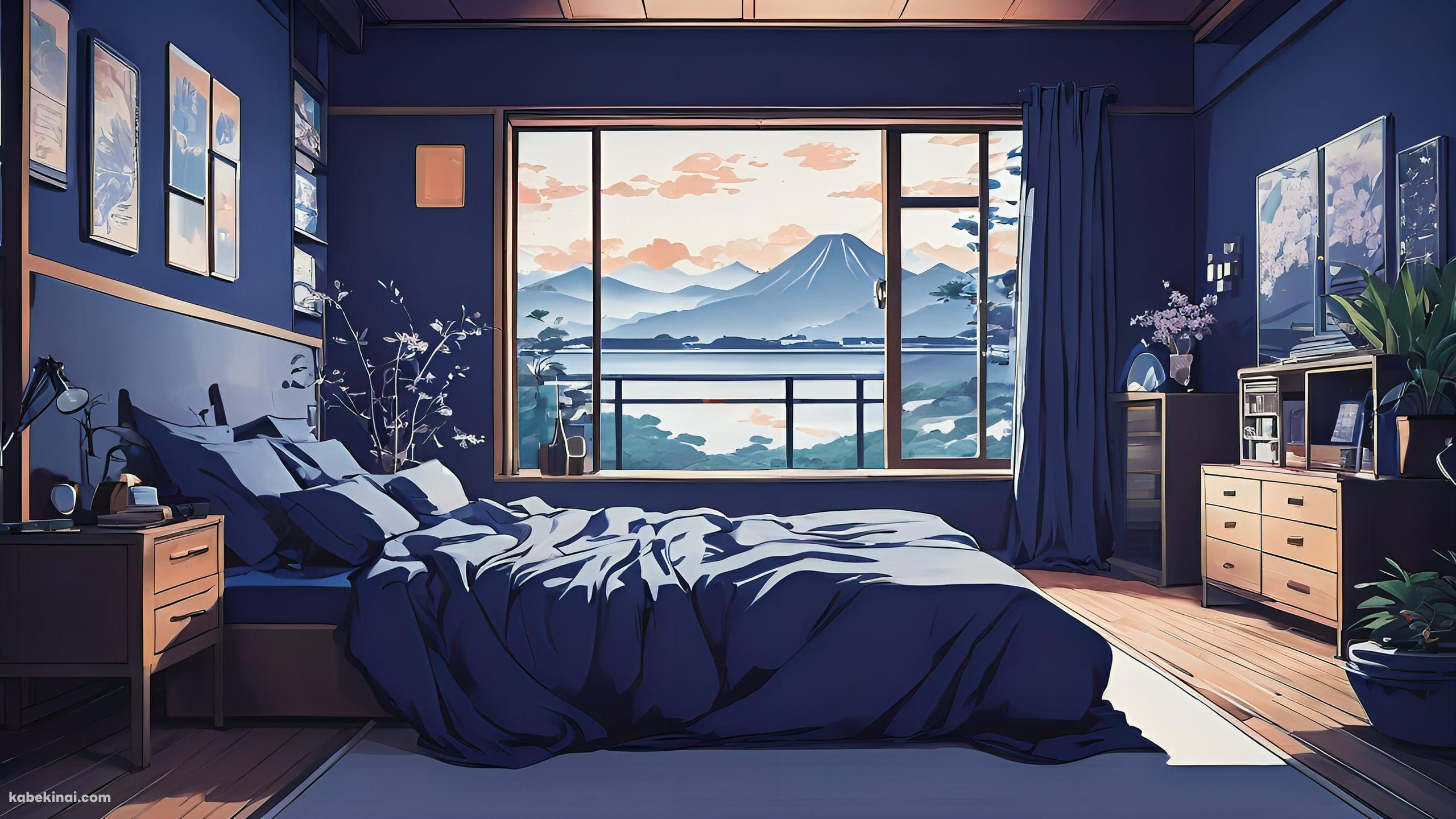 富士山が見える青が基調のオシャレな部屋 / イラストの壁紙(2560px x 1440px) 高画質 パソコン用