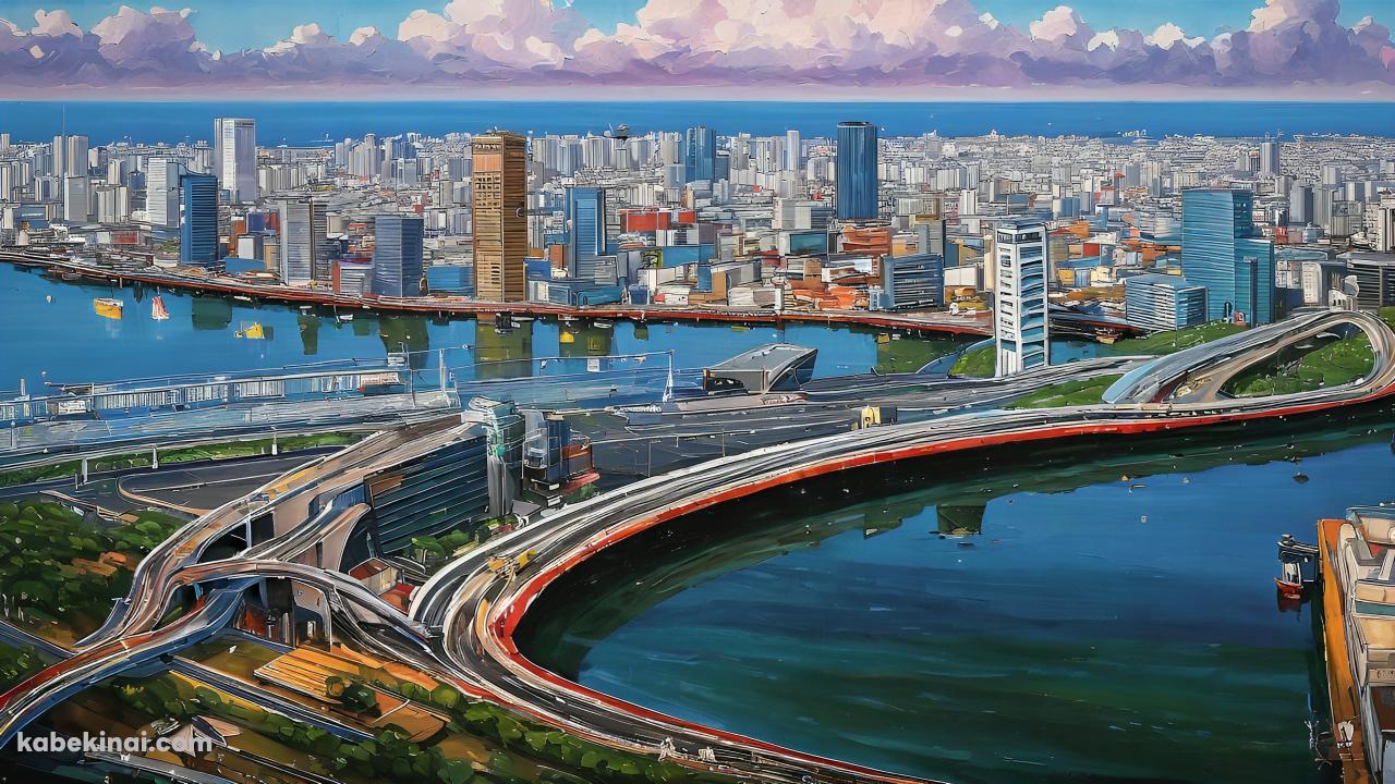 海沿いの近代都市 / 高速道路の壁紙(1280px x 720px) 高画質 パソコン用