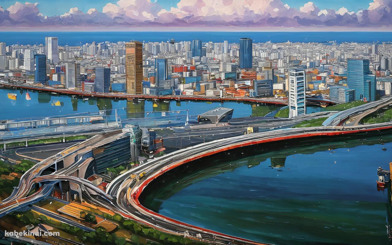 海沿いの近代都市 / 高速道路の壁紙(1280px x 800px) 高画質 パソコン用