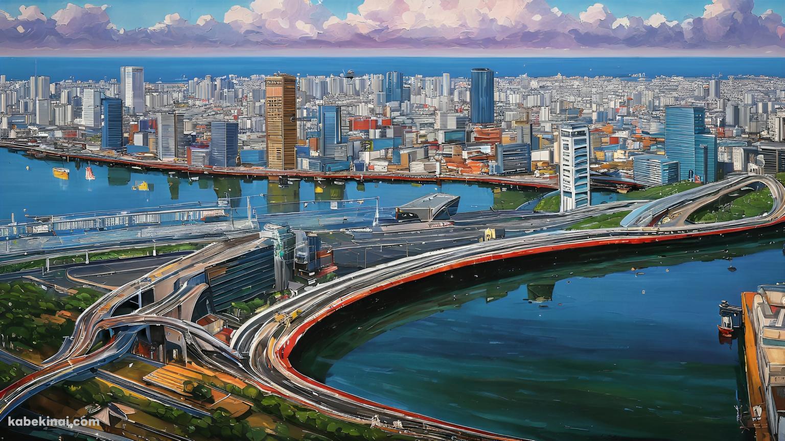 海沿いの近代都市 / 高速道路の壁紙(1536px x 864px) 高画質 パソコン用