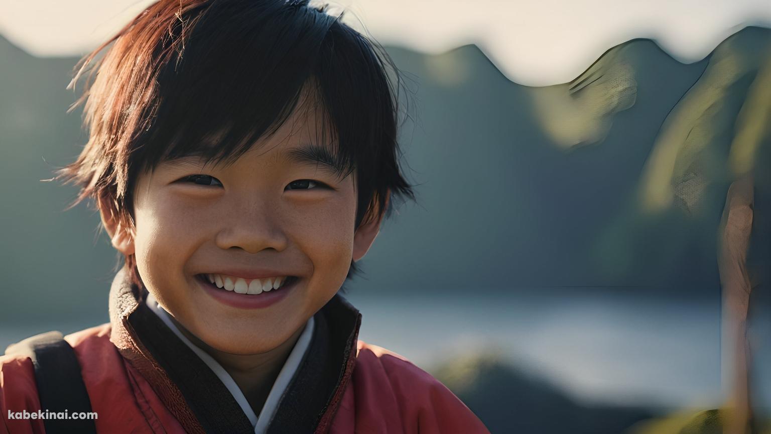 赤い服を着た笑顔の男の子 / 湖の壁紙(1536px x 864px) 高画質 パソコン用