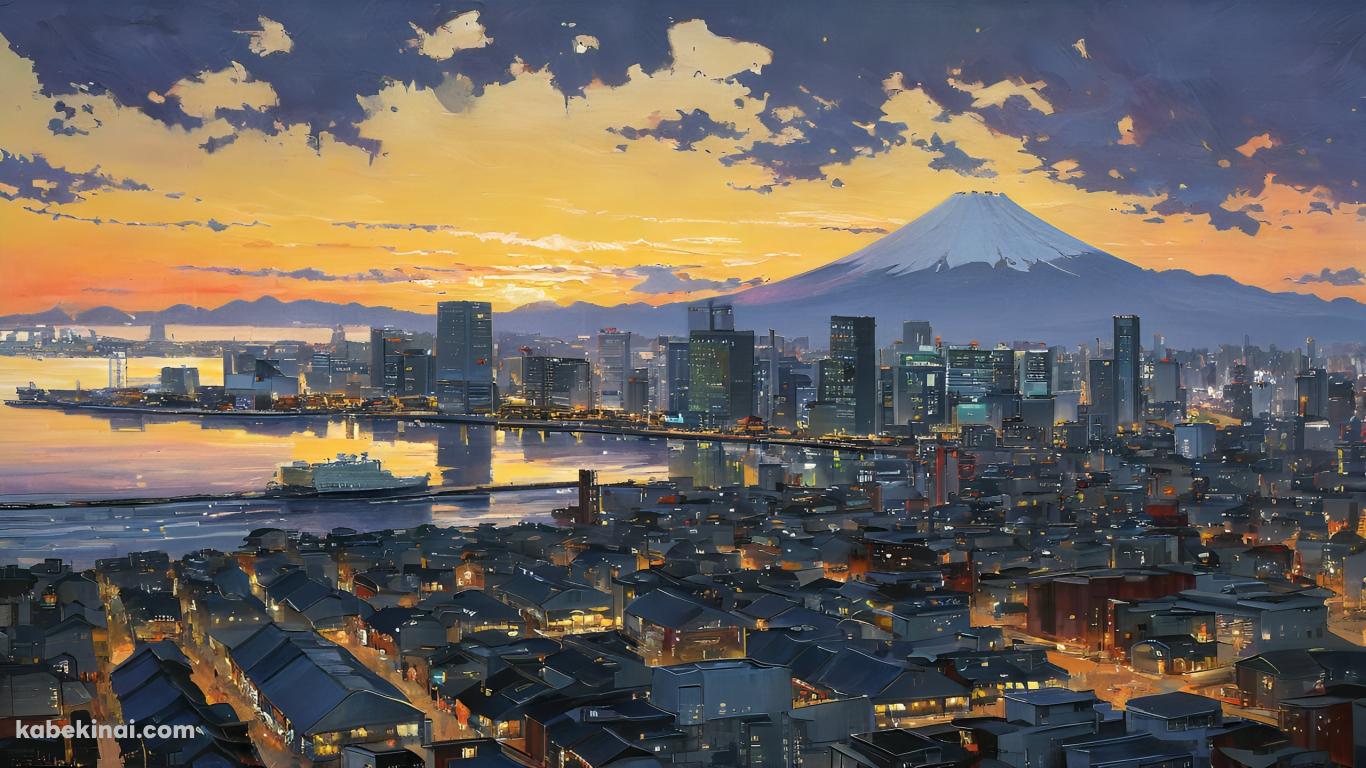 雪が残る山と海沿いの街 / 夕暮れの壁紙(1366px x 768px) 高画質 パソコン用