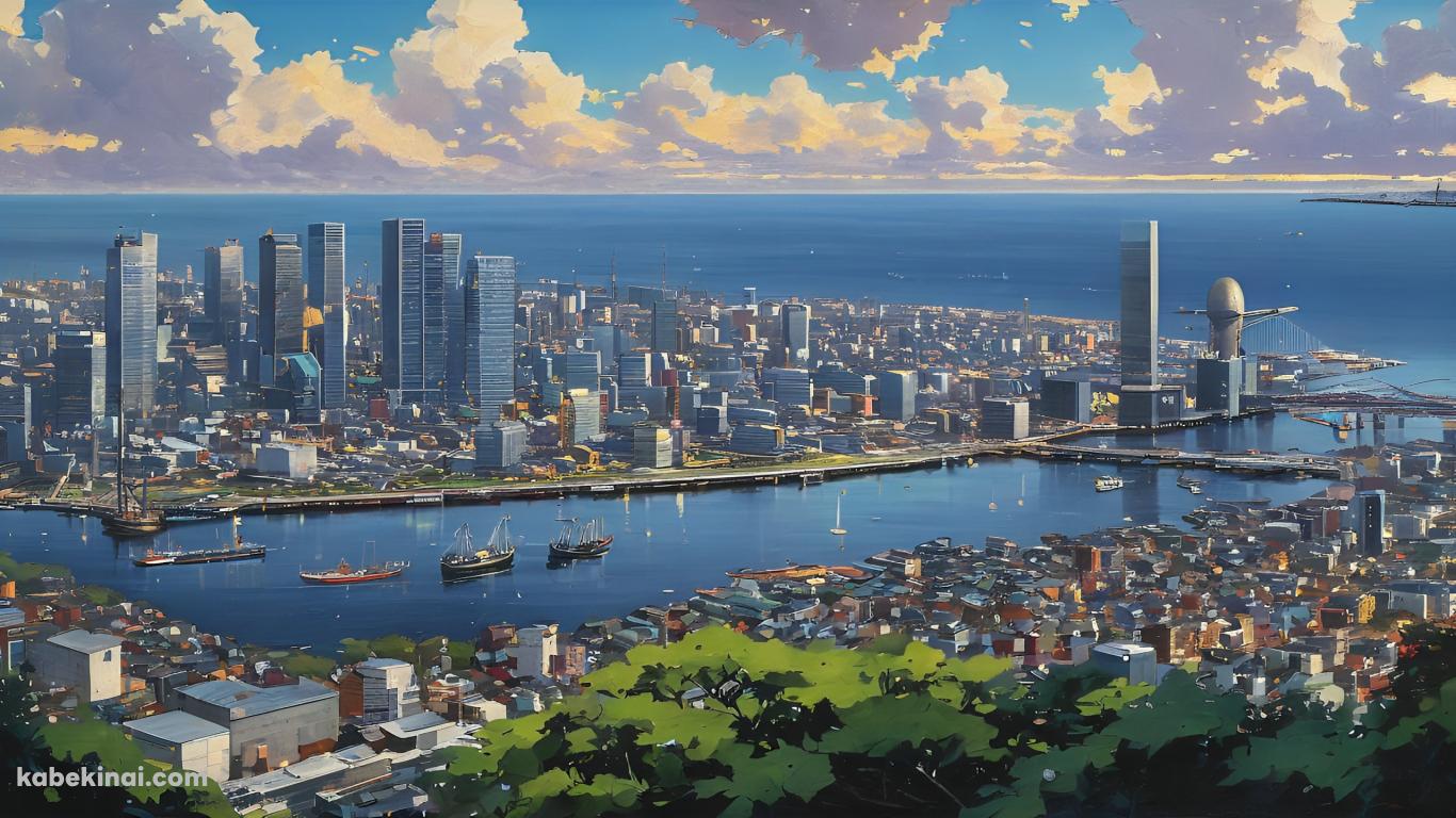 海沿いの大都会 / 港 / 都市開発の壁紙(1366px x 768px) 高画質 パソコン用