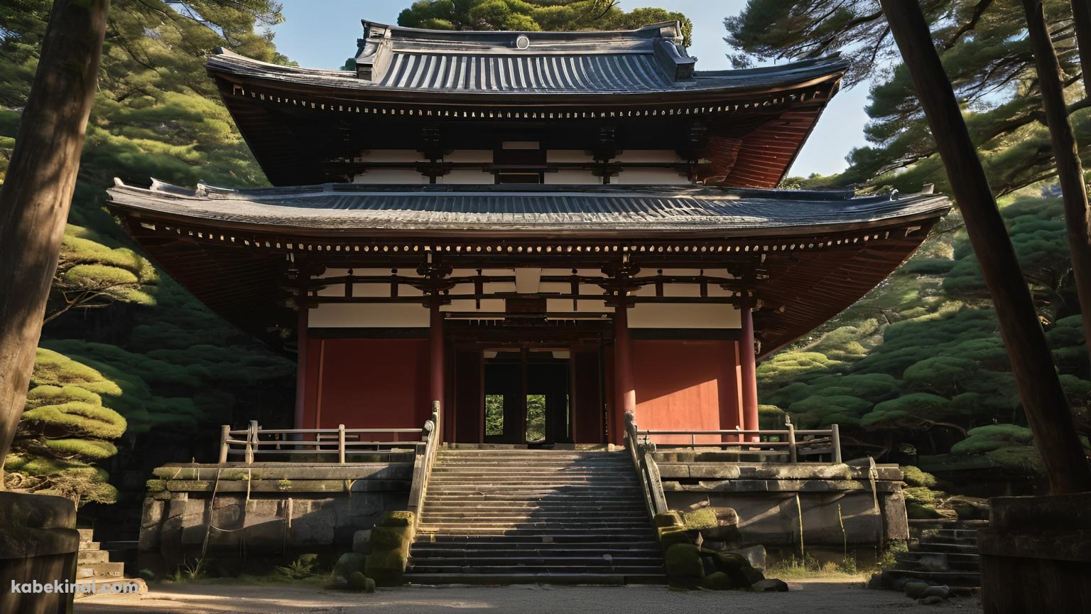 緑の中に建立するお寺 / 陰影の壁紙(1536px x 864px) 高画質 パソコン用