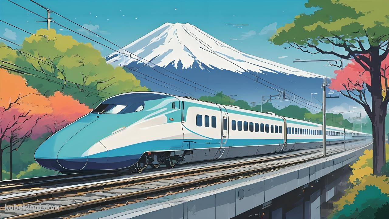 富士山の前を通過する近代的な青い電車 / 紅葉の壁紙(1280px x 720px) 高画質 パソコン用