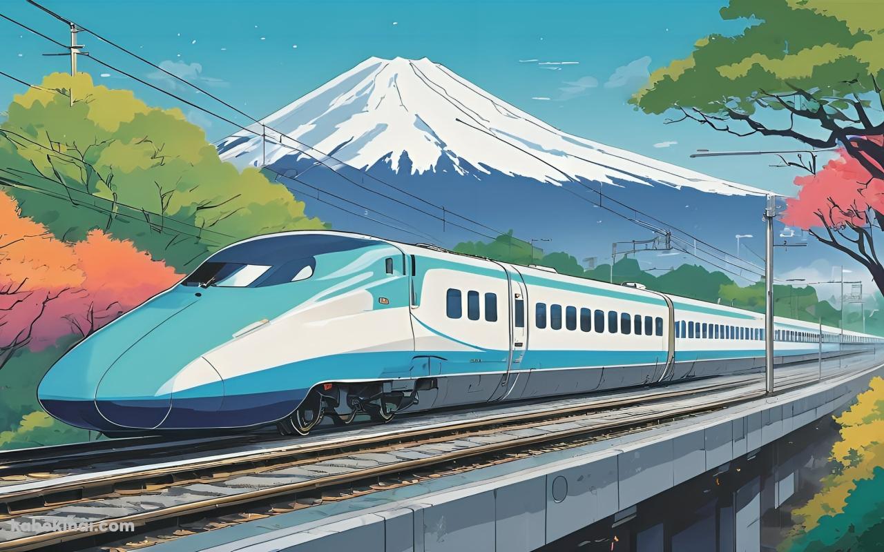 富士山の前を通過する近代的な青い電車 / 紅葉の壁紙(1280px x 800px) 高画質 パソコン用