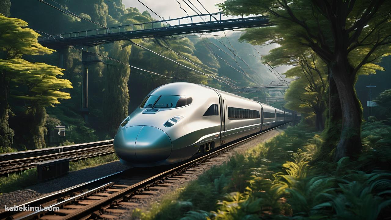 緑豊かな木々の中を走る近代的な電車の壁紙(1280px x 720px) 高画質 パソコン用