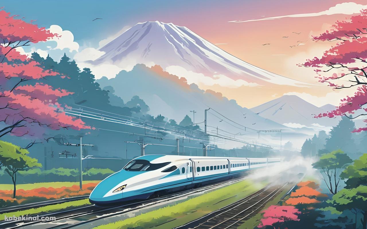 富士山と紅葉と白と水色の電車 / イラストの壁紙(1280px x 800px) 高画質 パソコン用