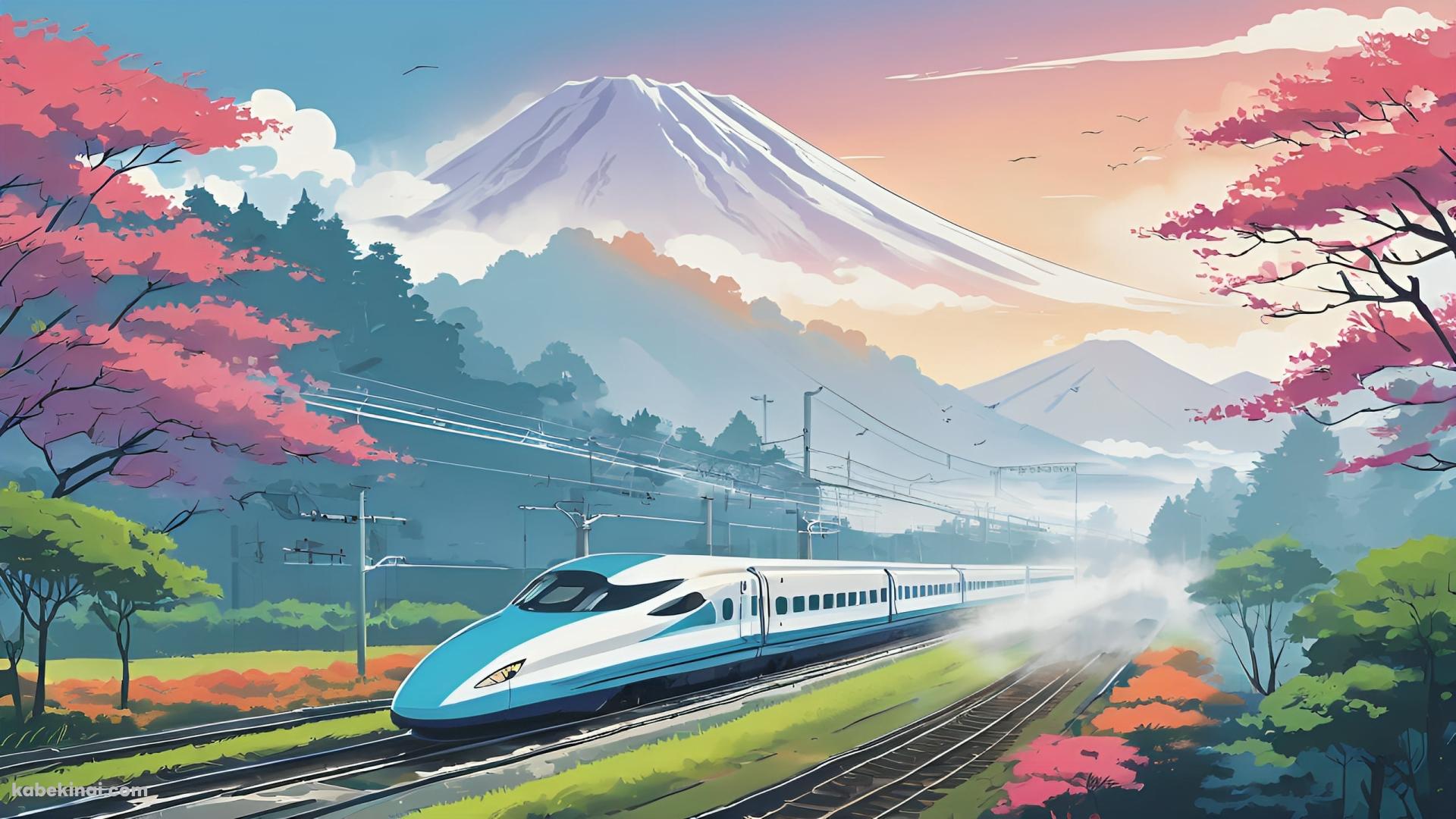 富士山と紅葉と白と水色の電車 / イラストの壁紙(1920px x 1080px) 高画質 パソコン用