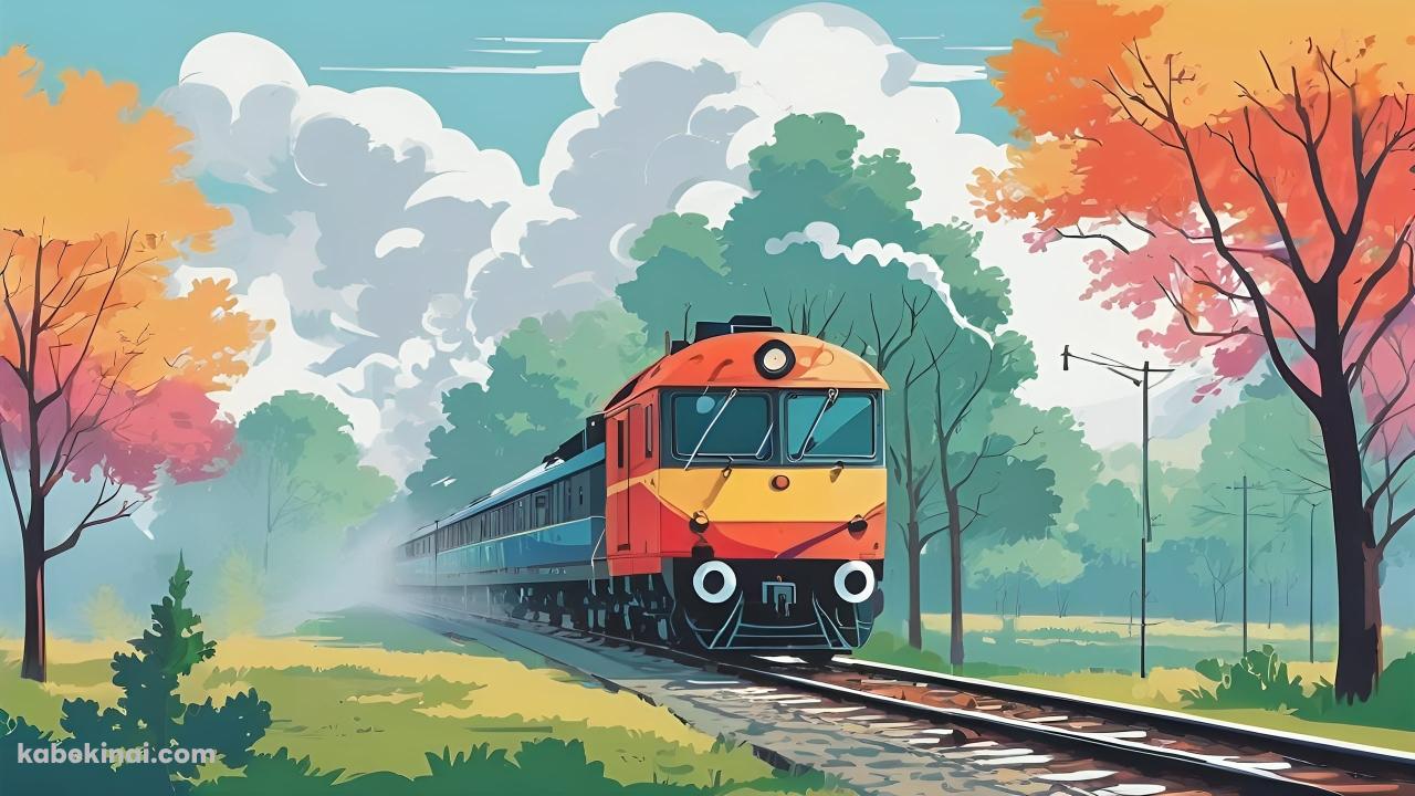 紅葉の中、線路を走るカラフルな電車のイラストの壁紙(1280px x 720px) 高画質 パソコン用