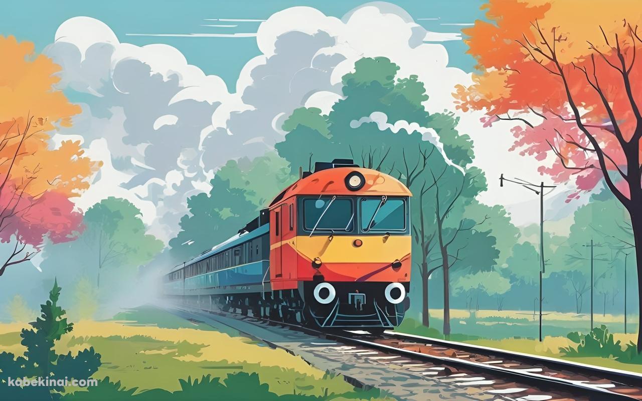 紅葉の中、線路を走るカラフルな電車のイラストの壁紙(1280px x 800px) 高画質 パソコン用