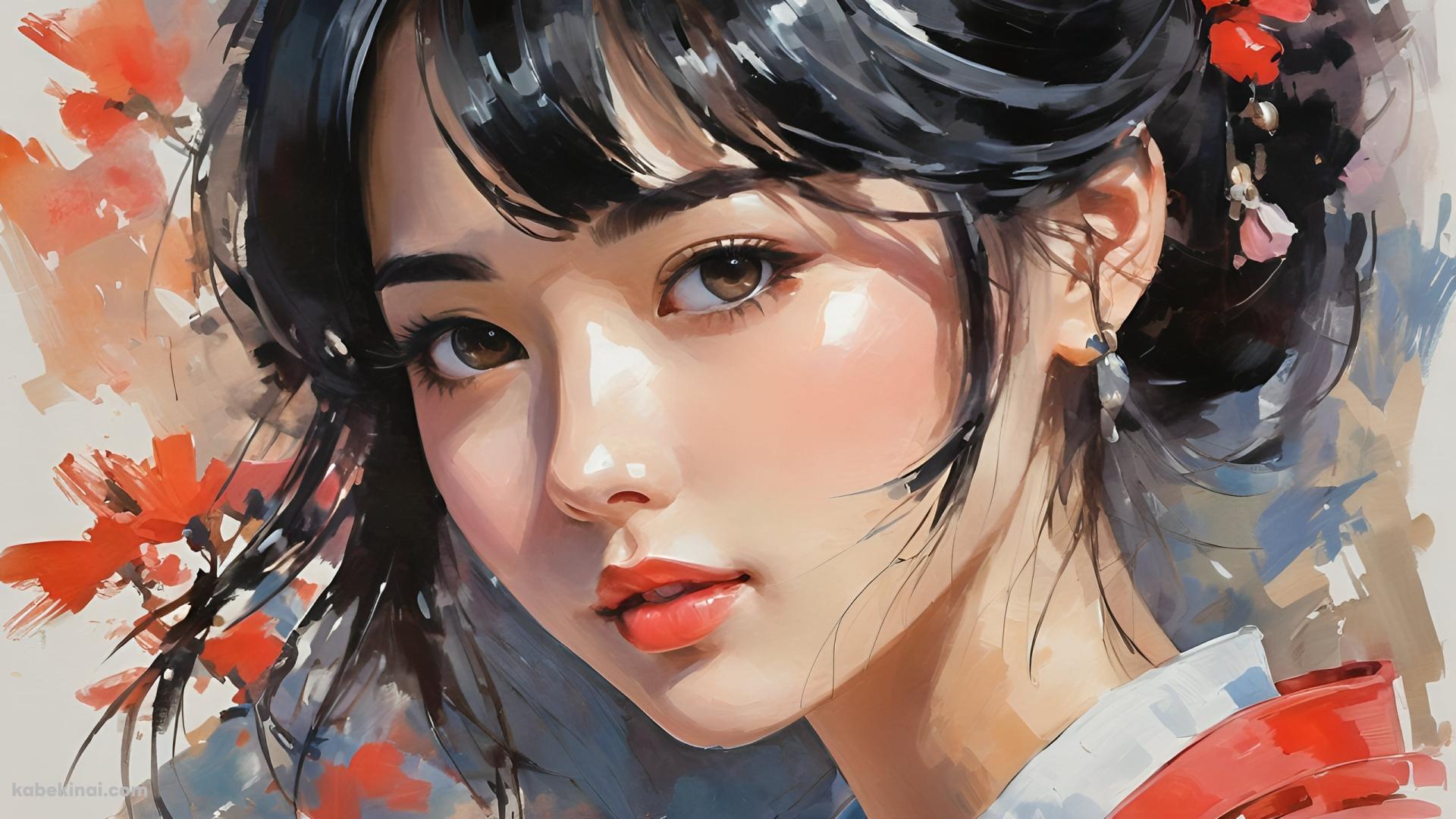 赤い花とアップヘアの赤い着物を着た綺麗な女性の壁紙(1920px x 1080px) 高画質 パソコン用