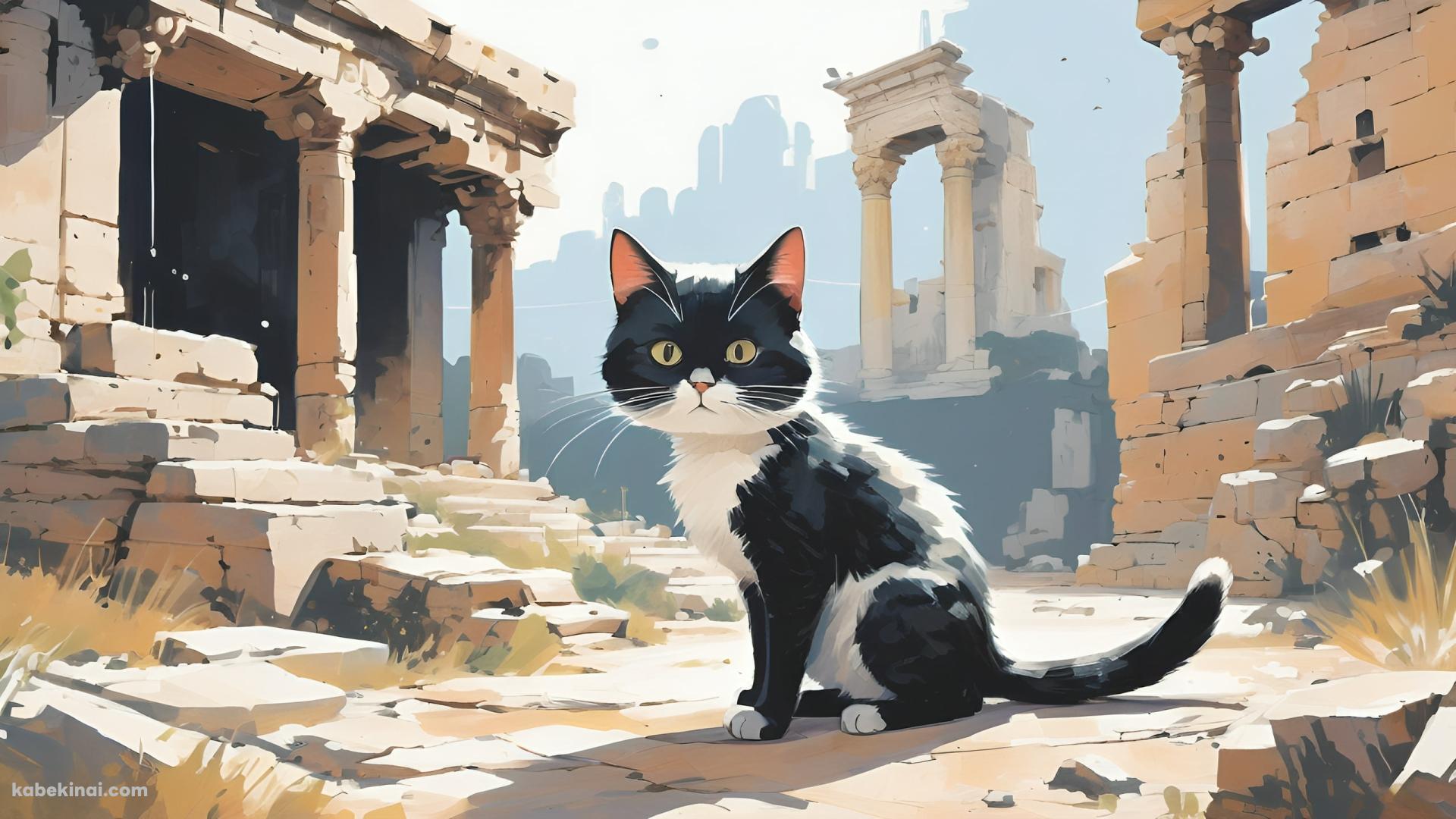 神殿跡に佇みこちらを見つめる黒・白の猫の壁紙(1920px x 1080px) 高画質 パソコン用