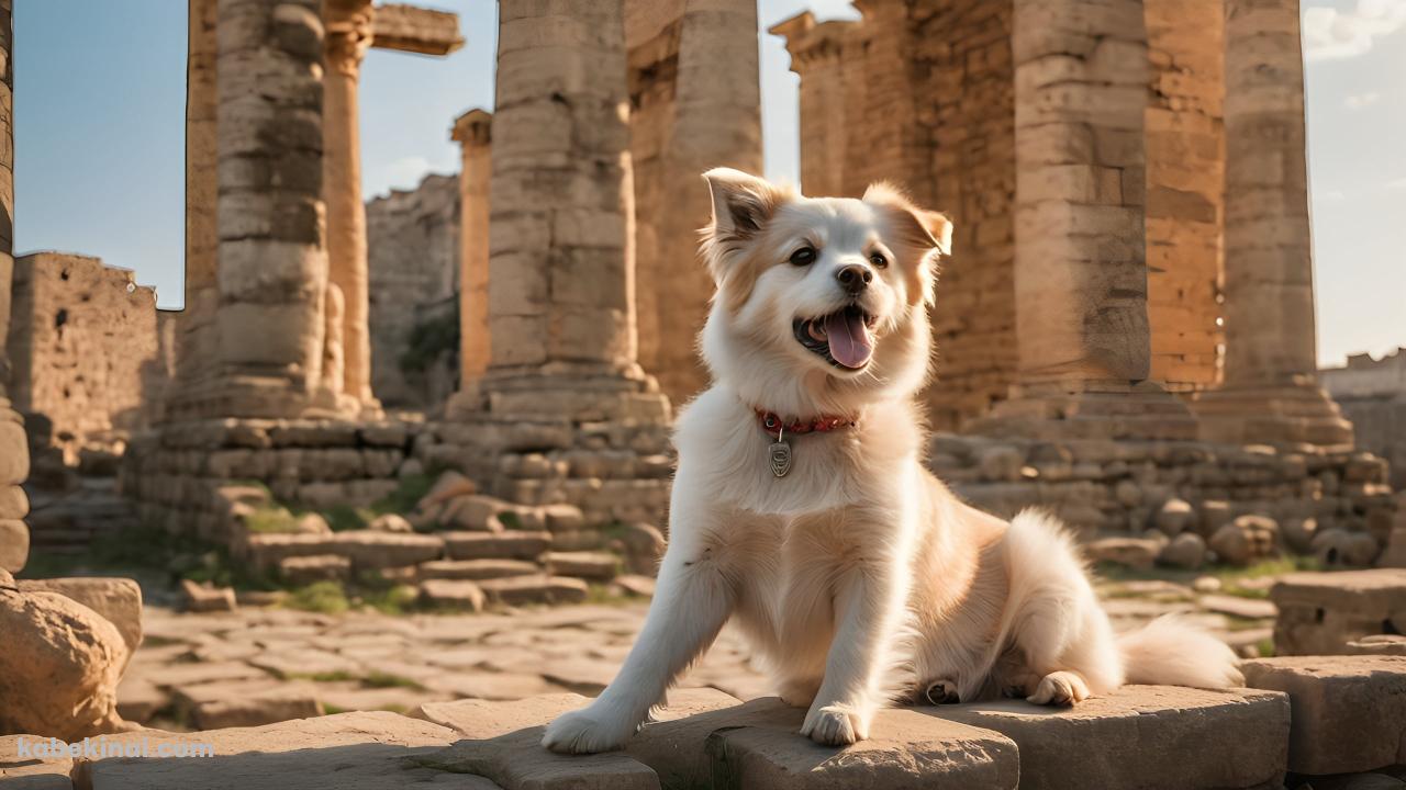 神殿跡でリラックスする白茶の犬の壁紙(1280px x 720px) 高画質 パソコン用