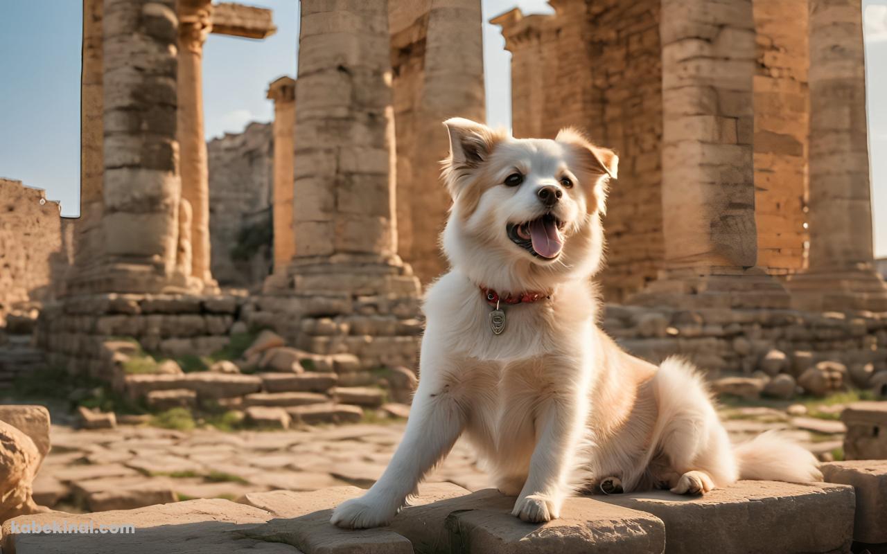 神殿跡でリラックスする白茶の犬の壁紙(1280px x 800px) 高画質 パソコン用