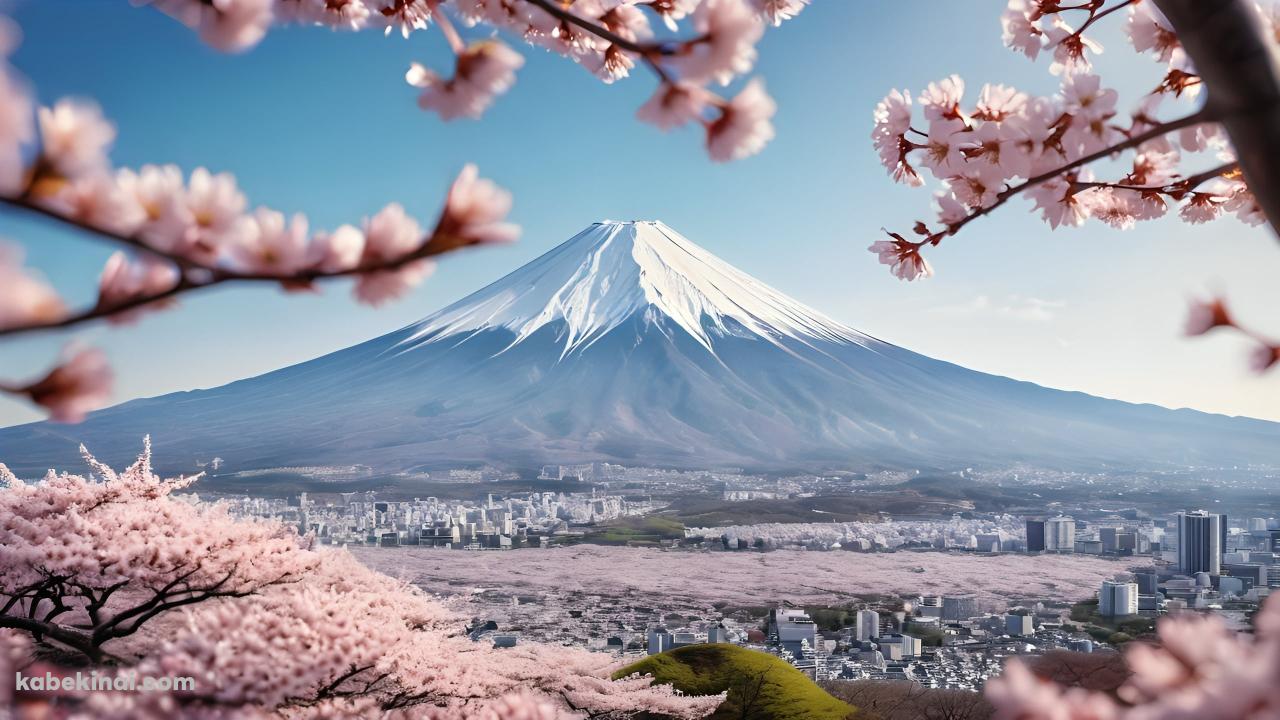 桜越しに見える富士山の壁紙(1280px x 720px) 高画質 パソコン用