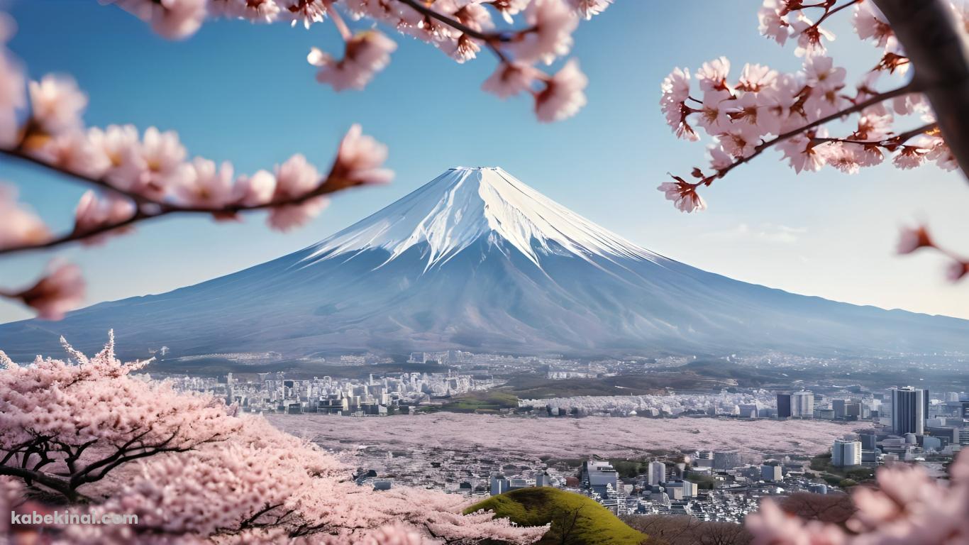 桜越しに見える富士山の壁紙(1366px x 768px) 高画質 パソコン用