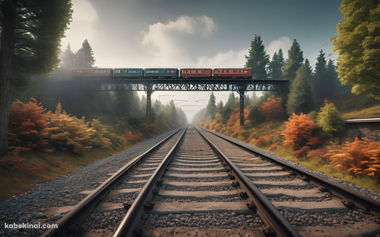 高所にある線路を走るカラフルな電車 / 紅葉の壁紙(1280px x 800px) 高画質 パソコン用