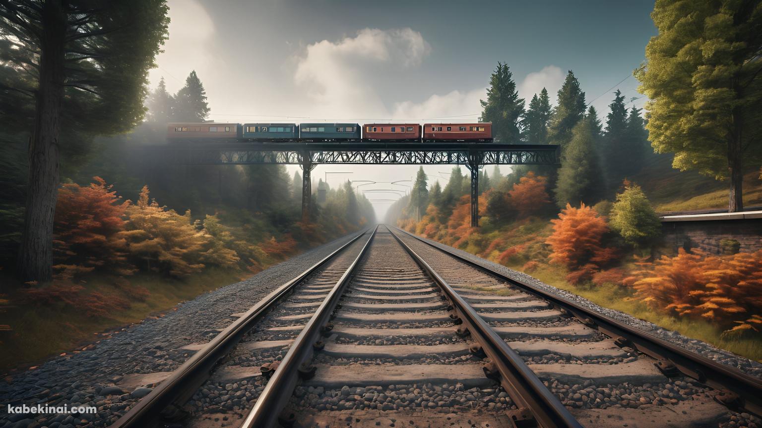 高所にある線路を走るカラフルな電車 / 紅葉の壁紙(1536px x 864px) 高画質 パソコン用