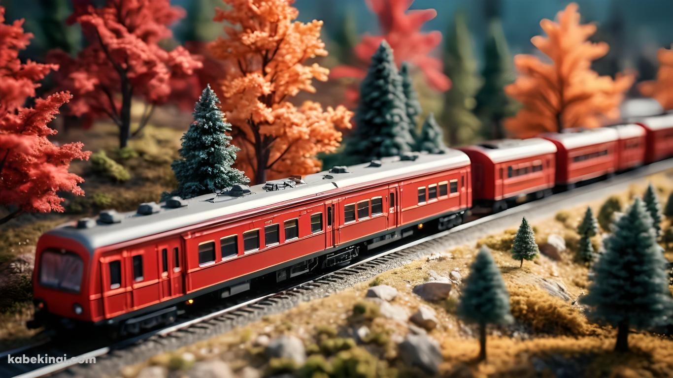 紅葉と赤い電車 / ミニチュアの壁紙(1366px x 768px) 高画質 パソコン用