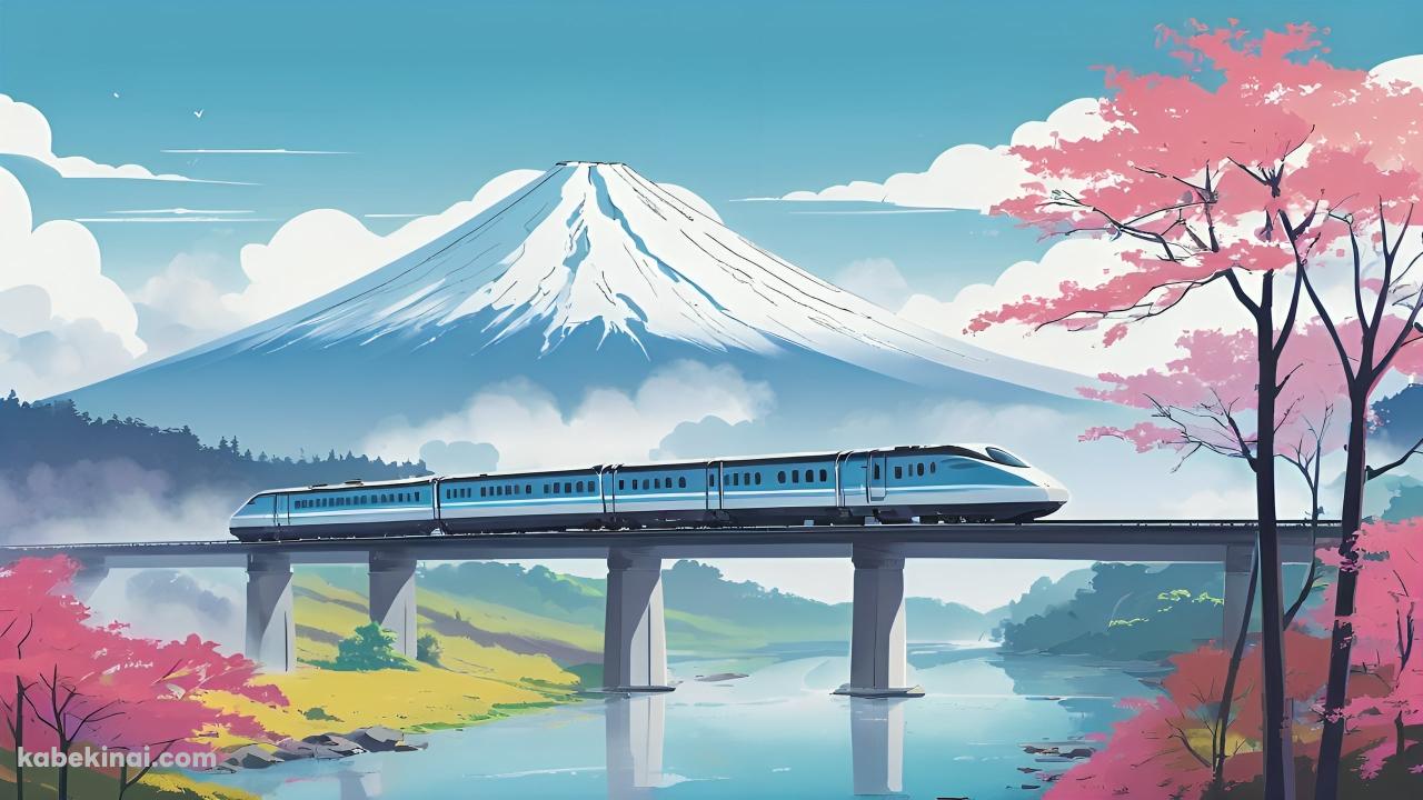 川の上の線路を走る水色の電車 / 富士山 / 紅葉 / 日本の壁紙(1280px x 720px) 高画質 パソコン用