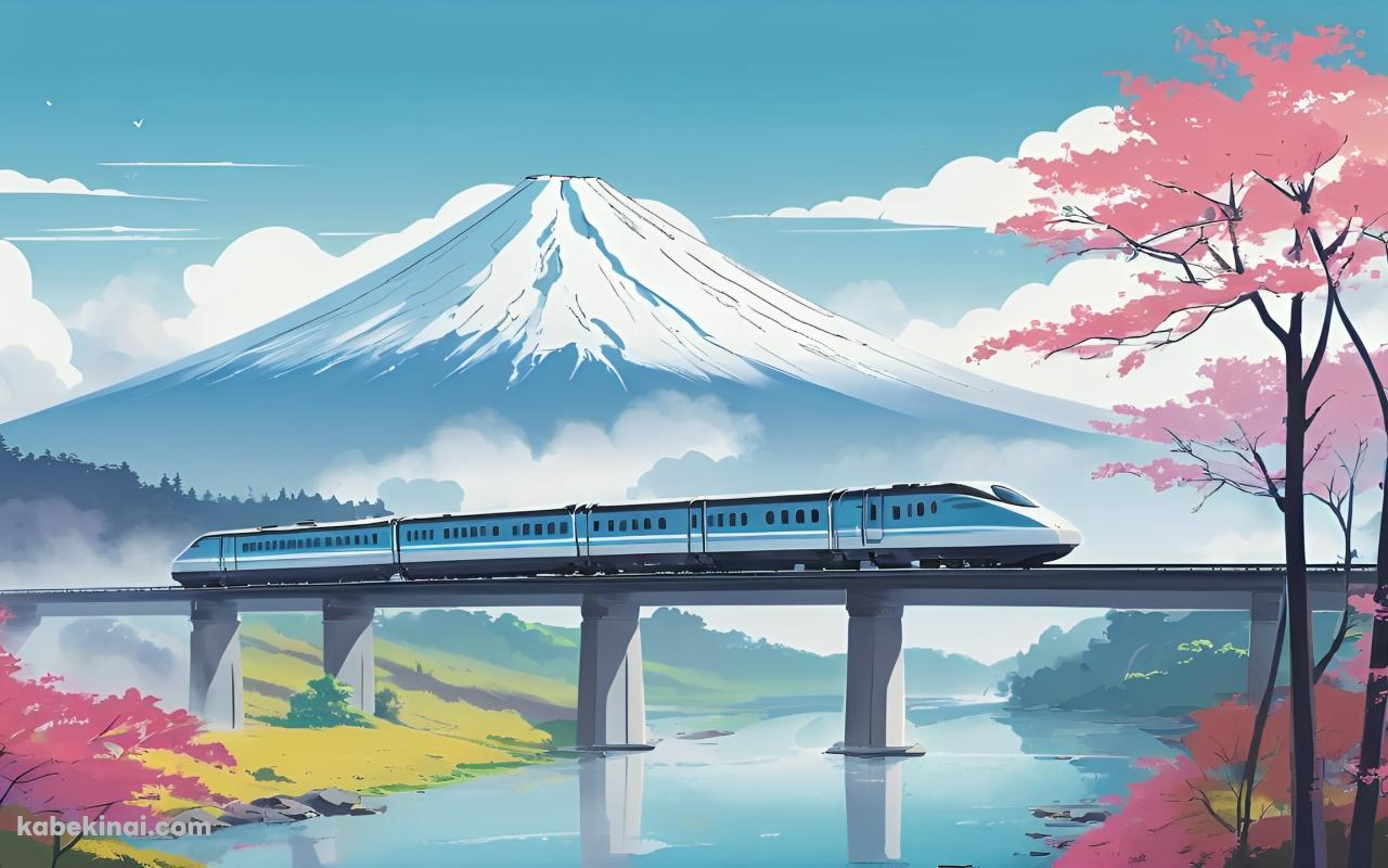 川の上の線路を走る水色の電車 / 富士山 / 紅葉 / 日本の壁紙(1280px x 800px) 高画質 パソコン用