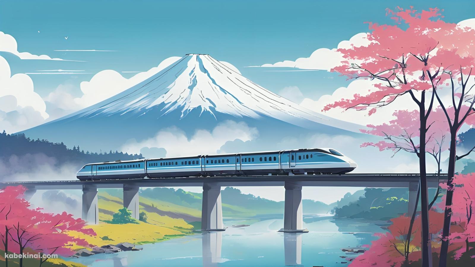 川の上の線路を走る水色の電車 / 富士山 / 紅葉 / 日本の壁紙(1600px x 900px) 高画質 パソコン用