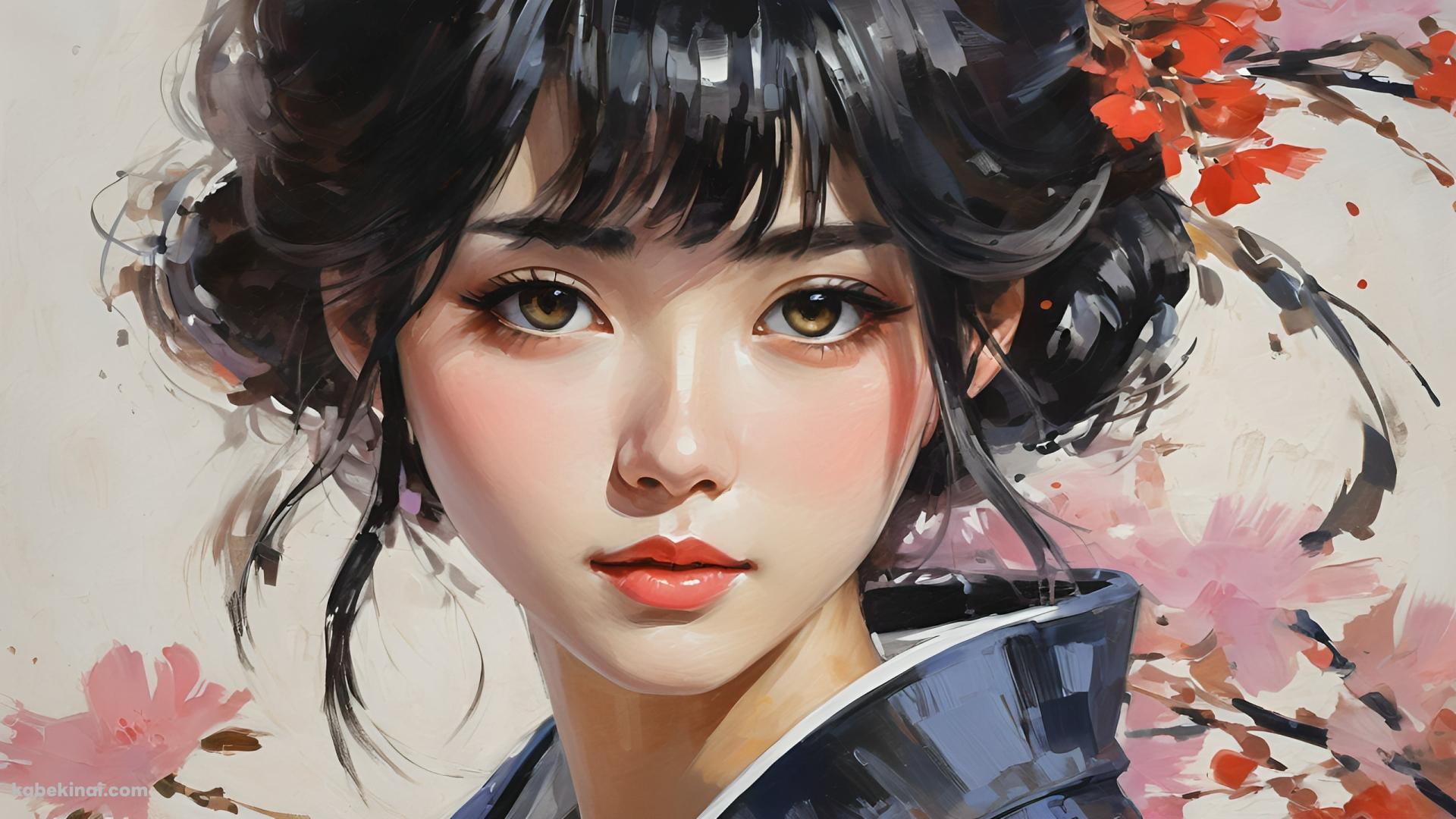 赤い花と黒い着物を着た髪をアップにした女性の壁紙(1920px x 1080px) 高画質 パソコン用