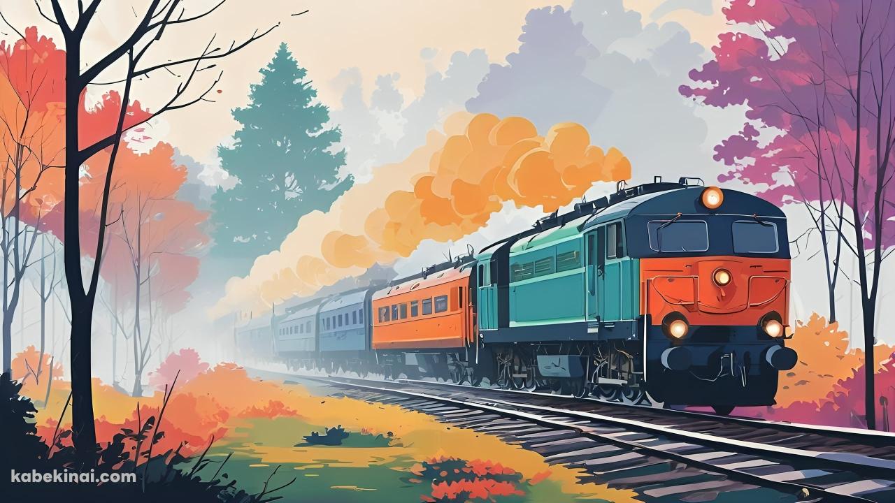 オレンジの煙をあげて走る可愛いカラフルな電車 / 紅葉の壁紙(1280px x 720px) 高画質 パソコン用