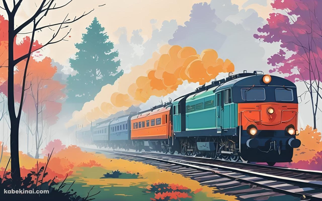 オレンジの煙をあげて走る可愛いカラフルな電車 / 紅葉の壁紙(1280px x 800px) 高画質 パソコン用