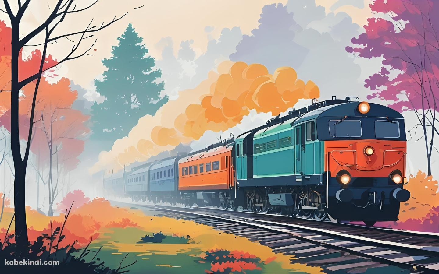 オレンジの煙をあげて走る可愛いカラフルな電車 / 紅葉の壁紙(1440px x 900px) 高画質 パソコン用