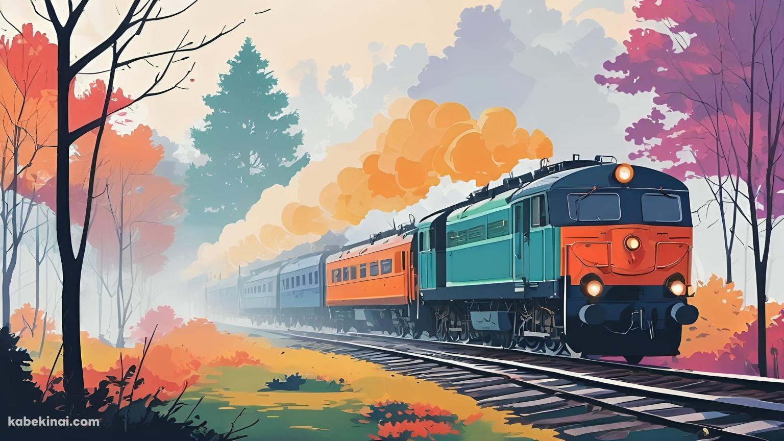 オレンジの煙をあげて走る可愛いカラフルな電車 / 紅葉の壁紙(1536px x 864px) 高画質 パソコン用