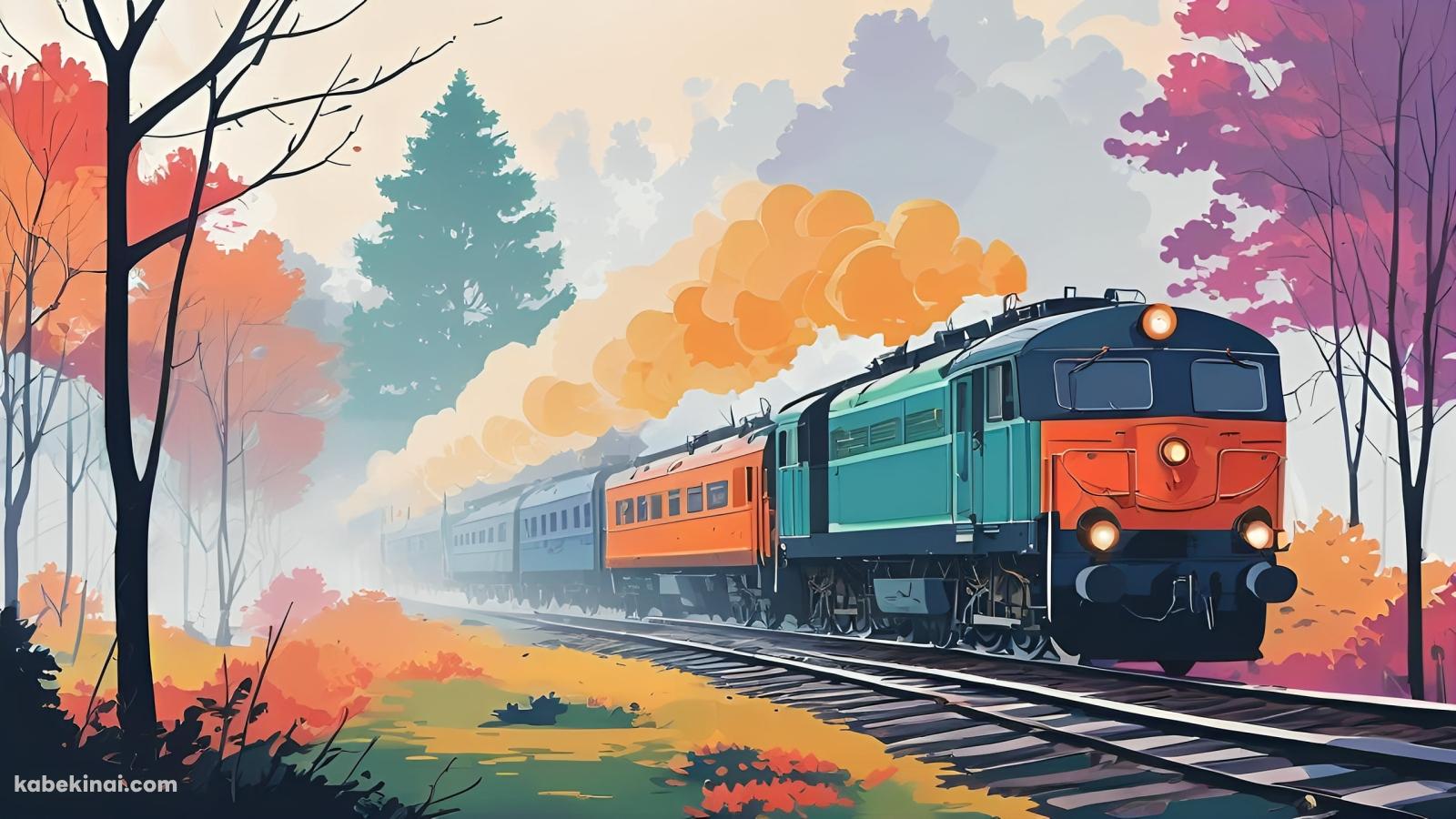 オレンジの煙をあげて走る可愛いカラフルな電車 / 紅葉の壁紙(1600px x 900px) 高画質 パソコン用