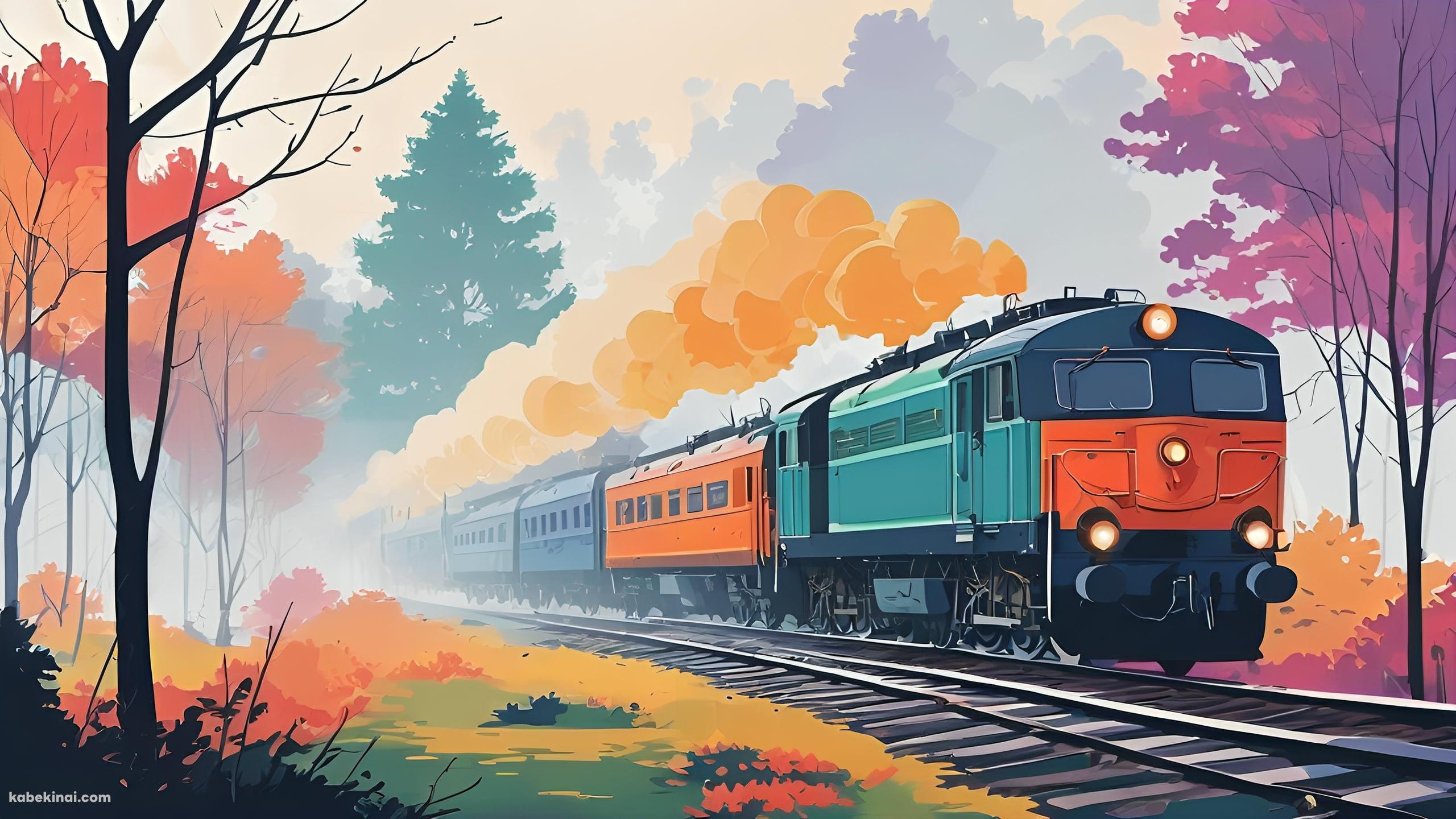 オレンジの煙をあげて走る可愛いカラフルな電車 / 紅葉の壁紙(2560px x 1440px) 高画質 パソコン用