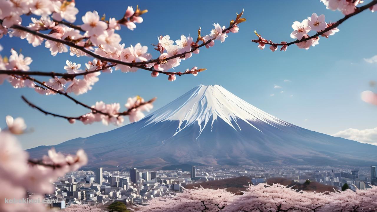 桜と富士山とビル群の壁紙(1280px x 720px) 高画質 パソコン用