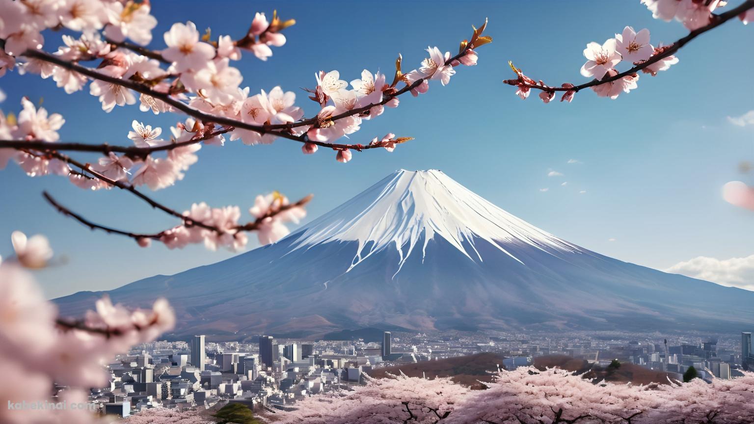 桜と富士山とビル群の壁紙(1536px x 864px) 高画質 パソコン用