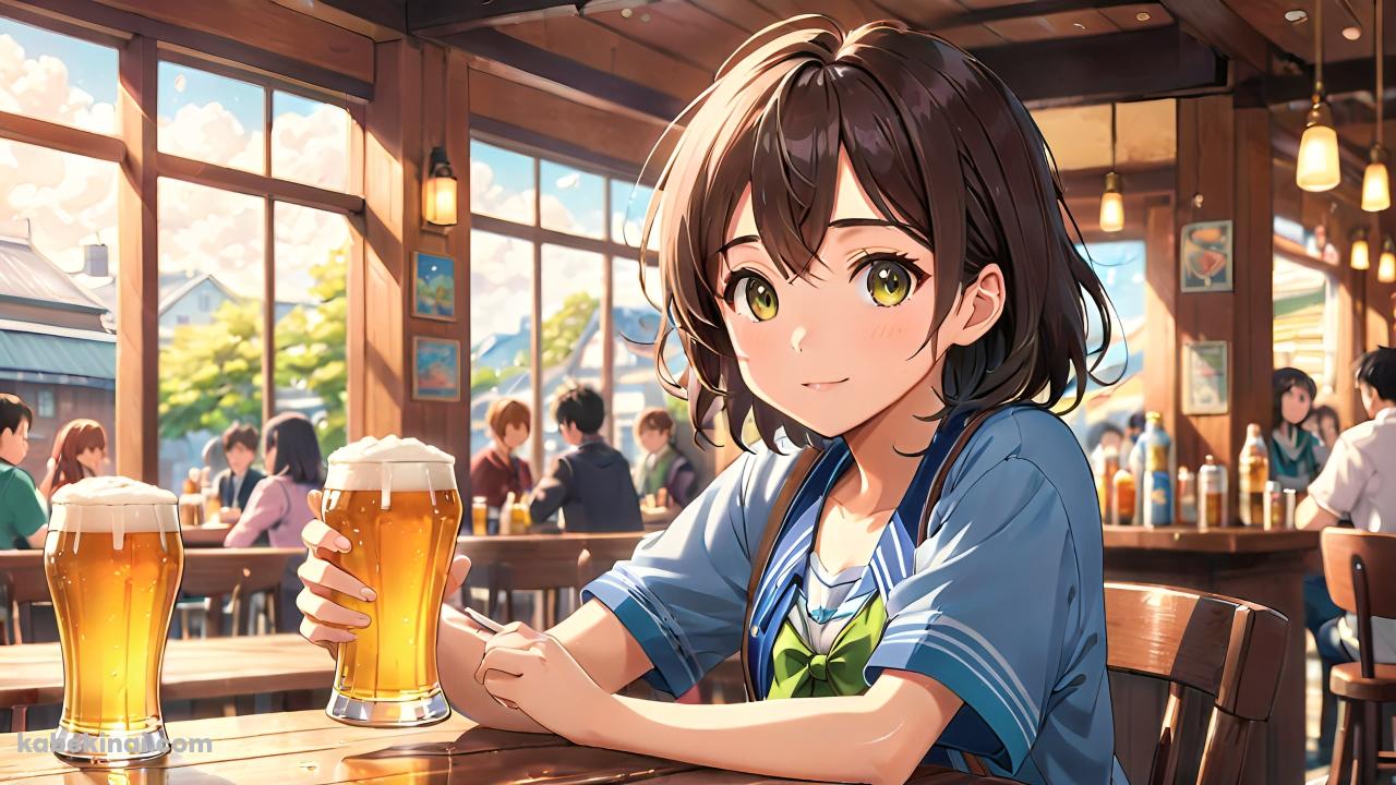 バーでビールを飲む可愛い女の子 / アニメ調の壁紙(1280px x 720px) 高画質 パソコン用