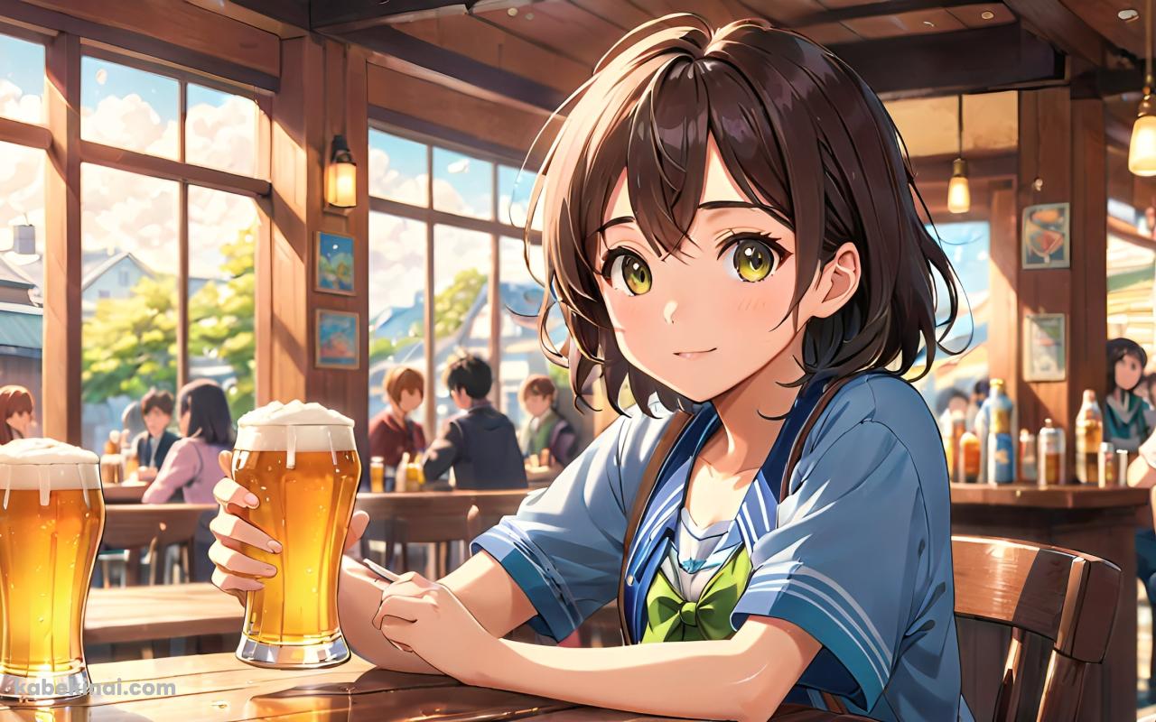 バーでビールを飲む可愛い女の子 / アニメ調の壁紙(1280px x 800px) 高画質 パソコン用