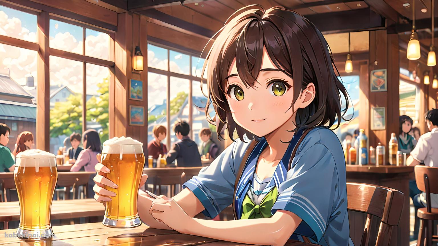 バーでビールを飲む可愛い女の子 / アニメ調の壁紙(1536px x 864px) 高画質 パソコン用