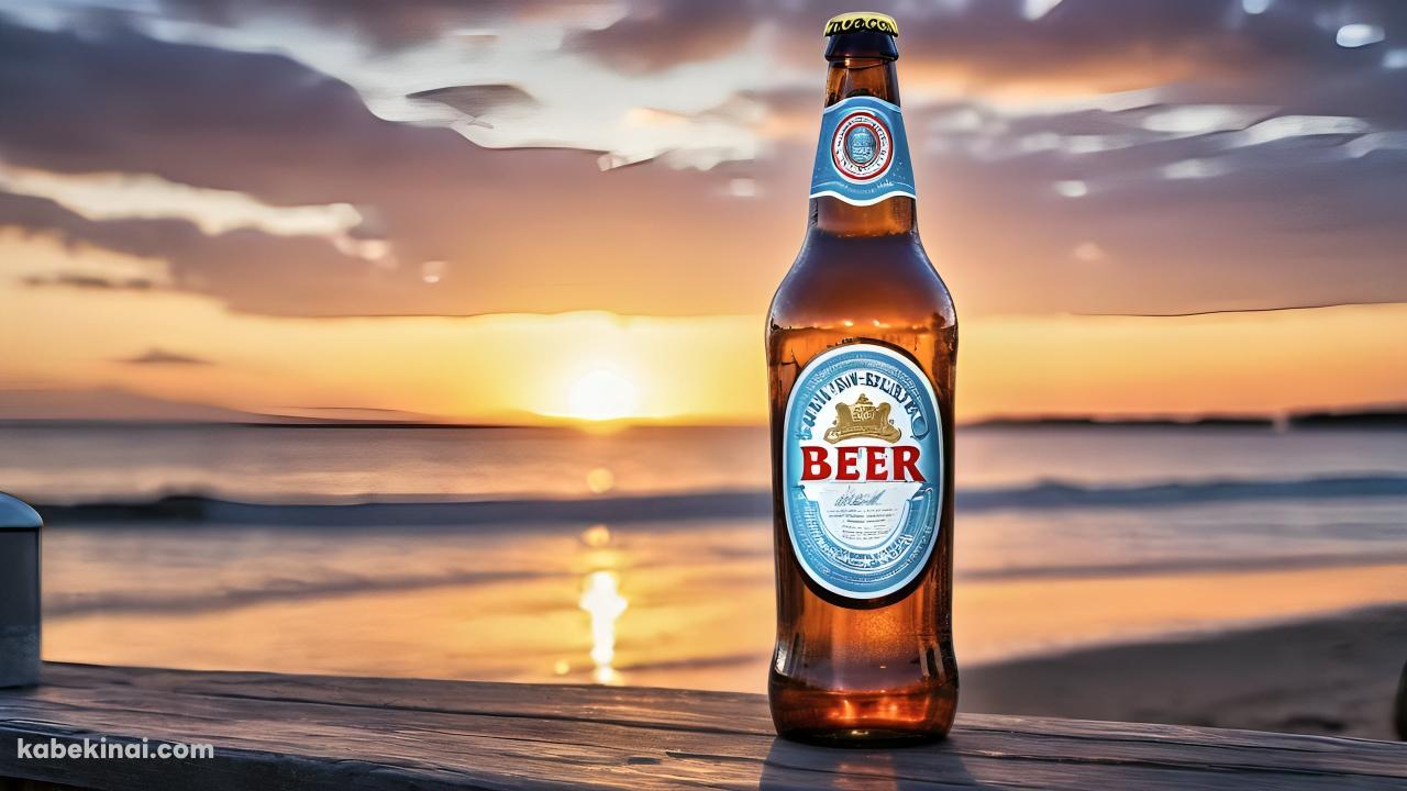 海と夕陽と瓶ビールの壁紙(1280px x 720px) 高画質 パソコン用