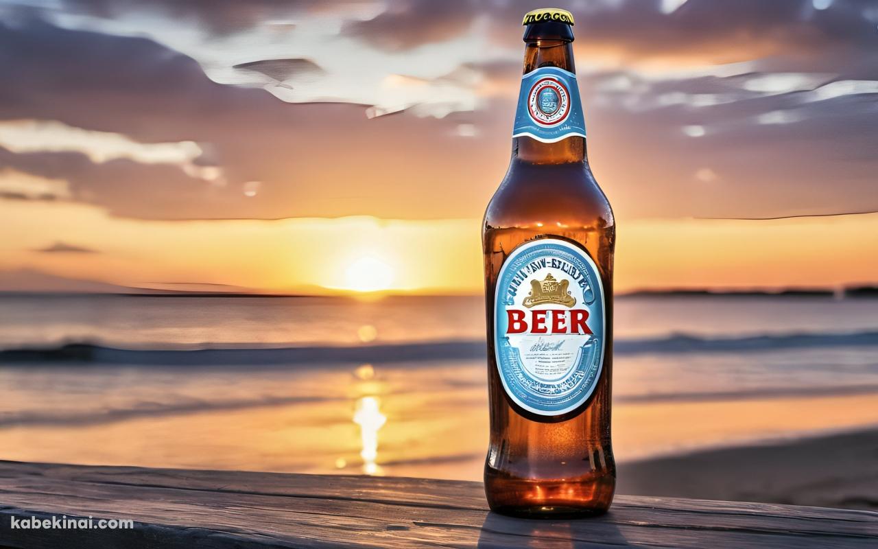 海と夕陽と瓶ビールの壁紙(1280px x 800px) 高画質 パソコン用